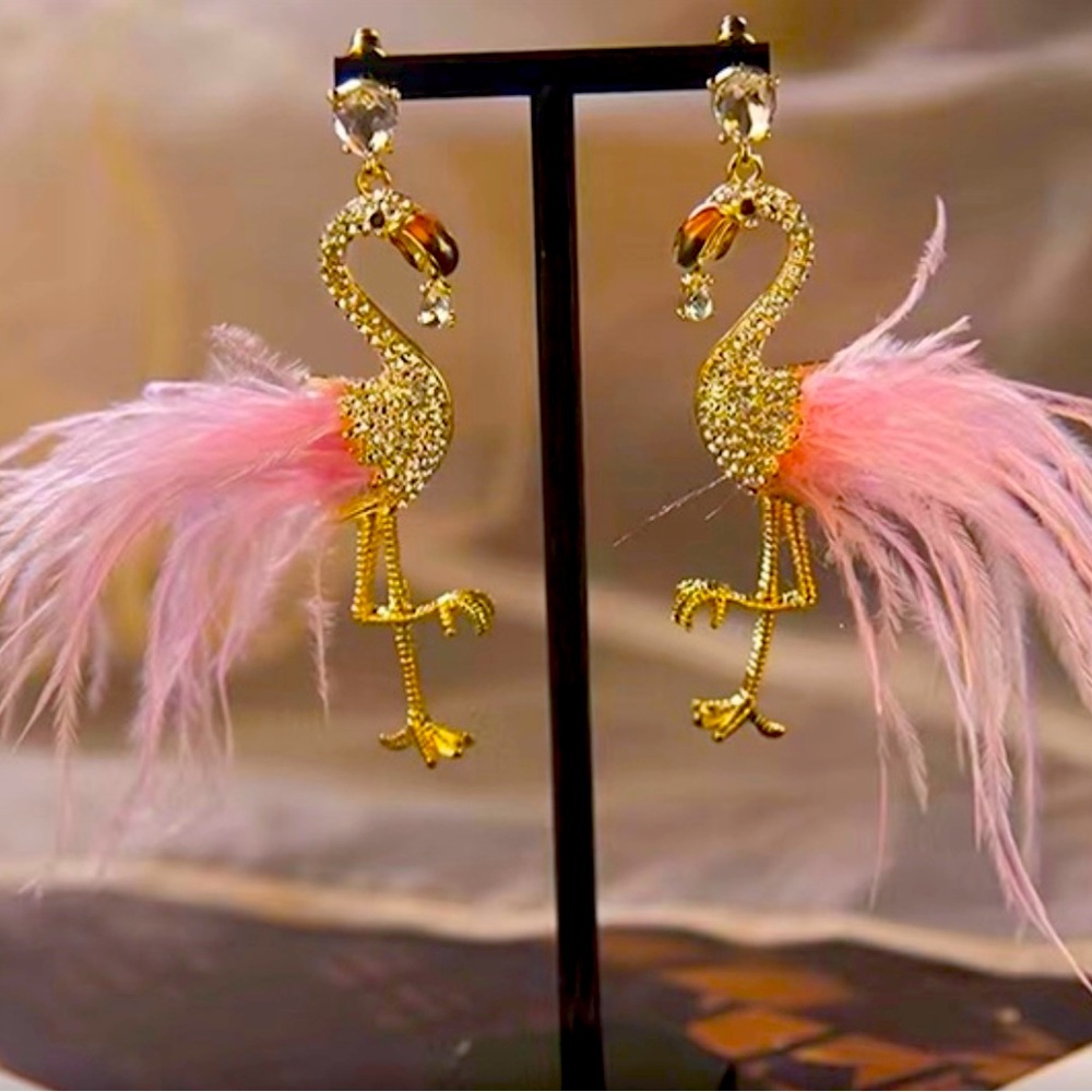 Rhinestone Gold Flamingo Earrings